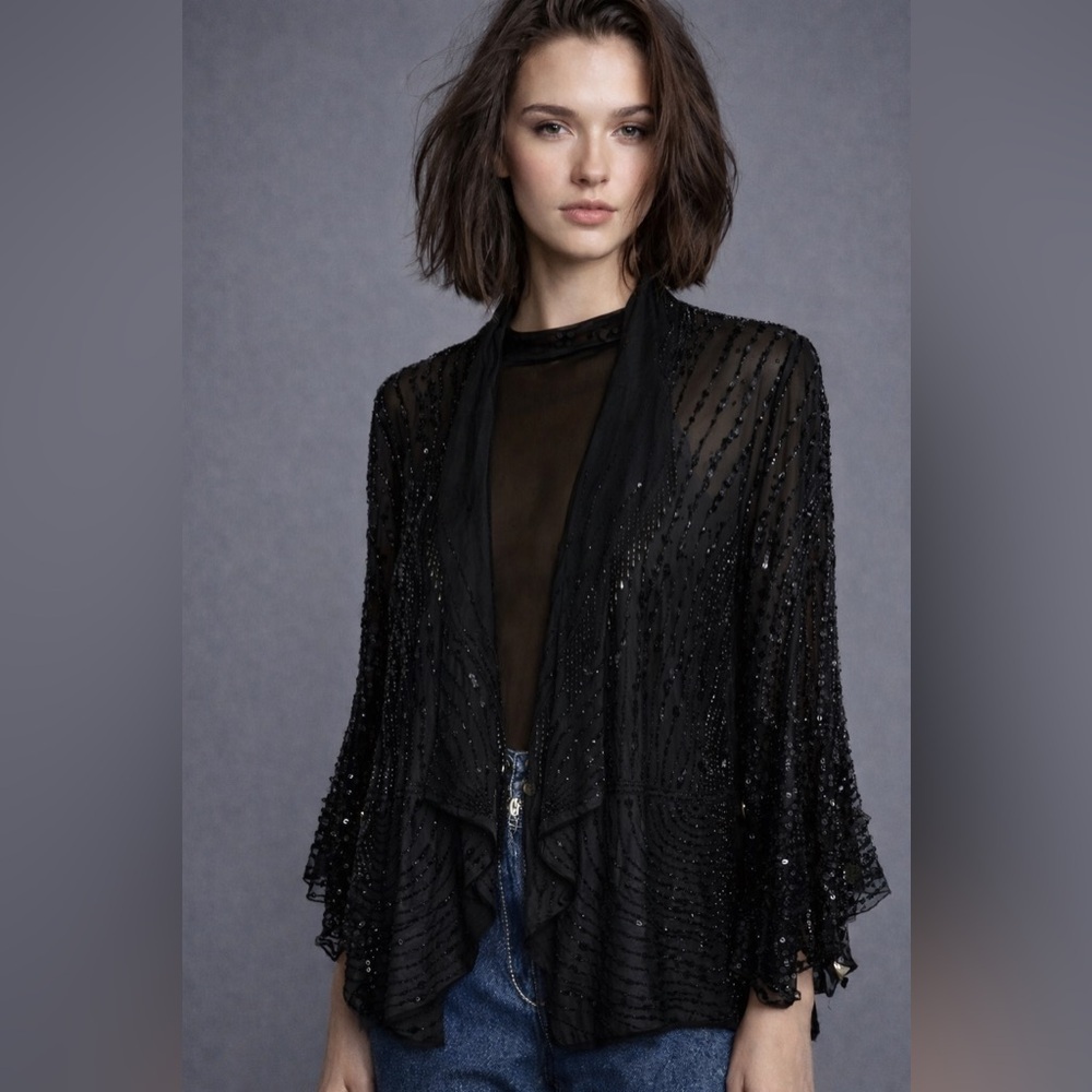 🔥HOST PICK🔥 Scala 100% Silk Black Beaded Cardigan Top Jacket M
